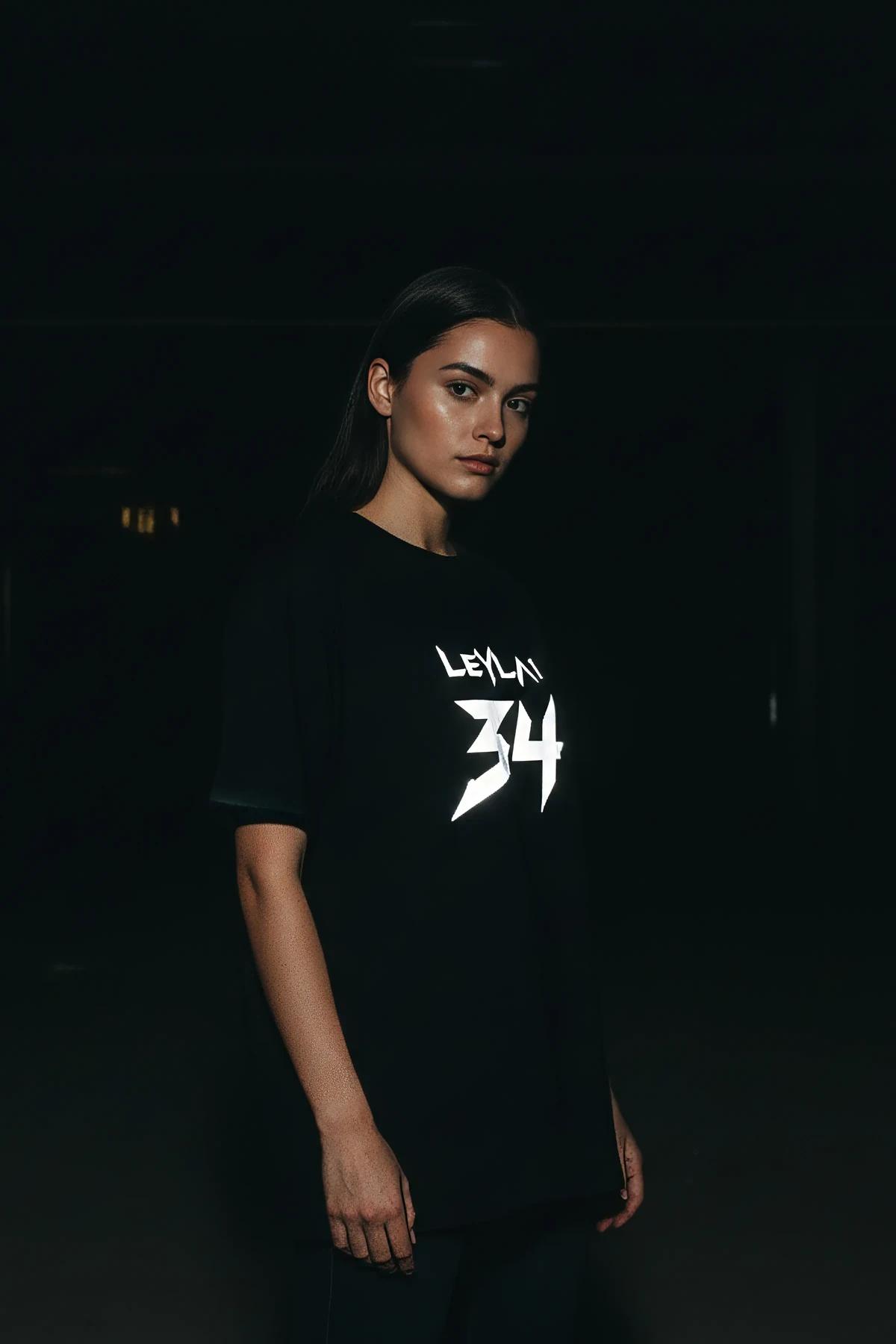 LEYLA 34 tişört model üzerinde oversize kalıp tam vücut görünümü
