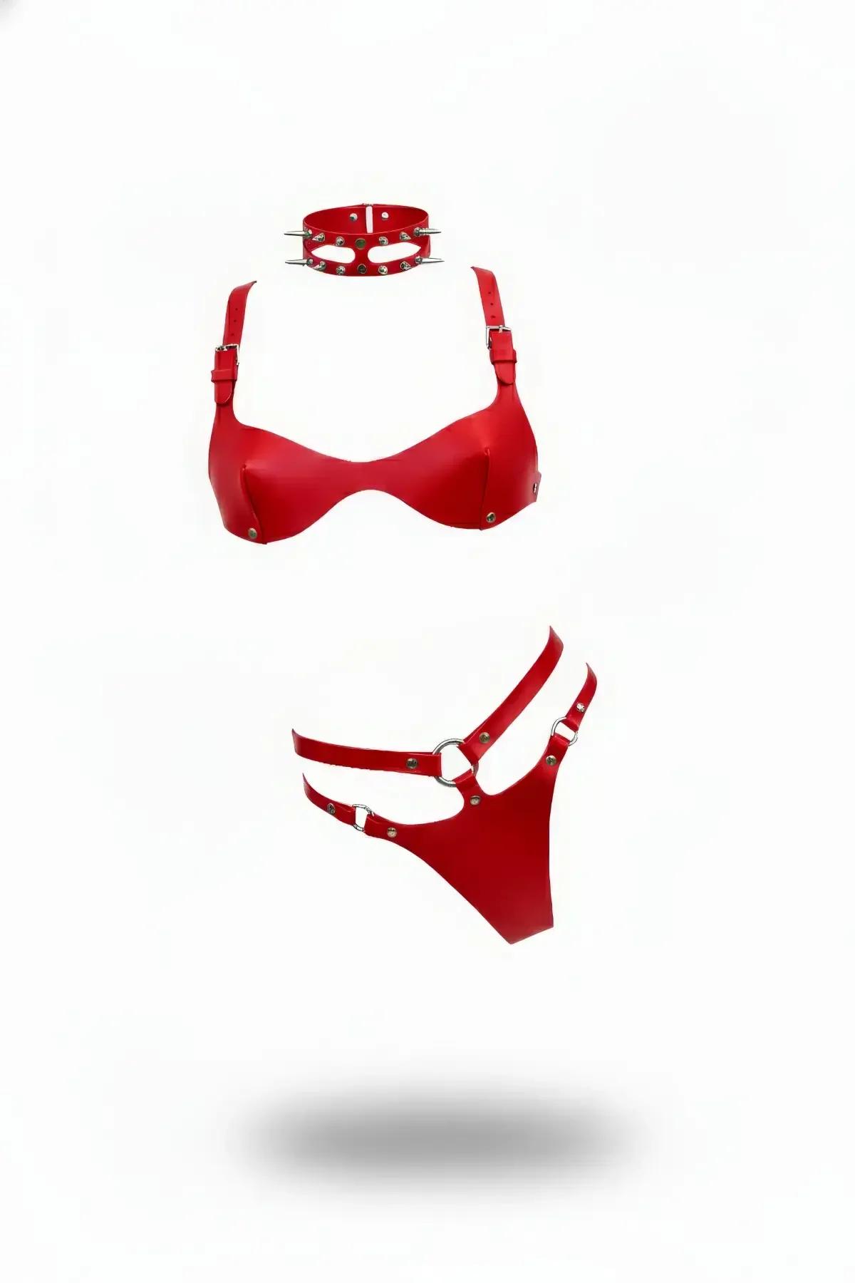 T-Shape Red Faux Leather Body Harness Set