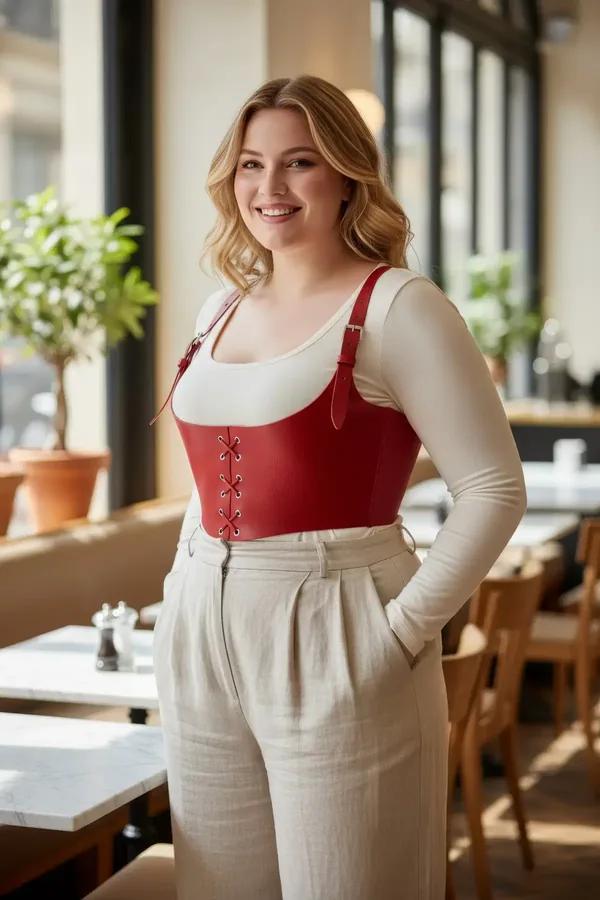 ខ្សែរុំខ្លួន Corset ក្រោមទ្រូងពណ៌ក្រហមជាមួយខ្សែចងខាងមុខ