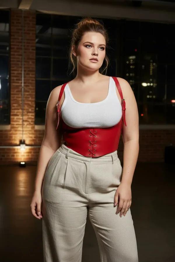 ខ្សែរុំខ្លួន Corset ក្រោមទ្រូងពណ៌ក្រហមជាមួយខ្សែចងខាងមុខ