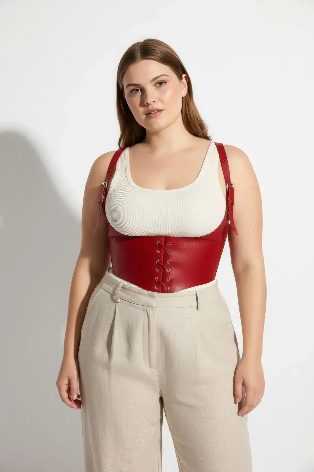 ខ្សែរុំខ្លួន Corset ក្រោមទ្រូងពណ៌ក្រហមជាមួយខ្សែចងខាងមុខ