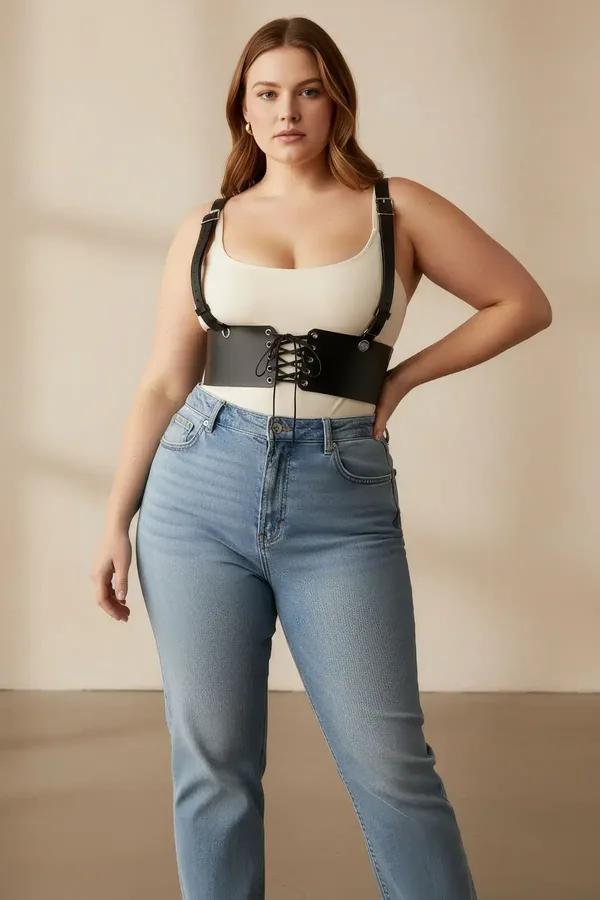 ខ្សែរុំខ្លួន Corset ក្រោមទ្រូងស្បែកសិប្បនិម្មិតពណ៌ខ្មៅជាមួយខ្សែស្មា