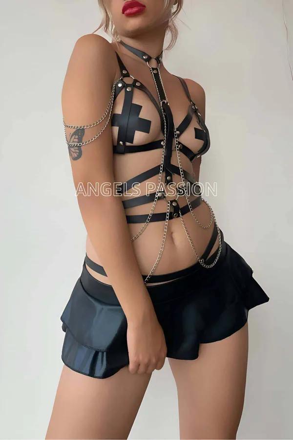 ខ្សែរុំពេញខ្លួនស្បែក PU តុបតែងខ្សែច្រវាក់សិចស៊ី