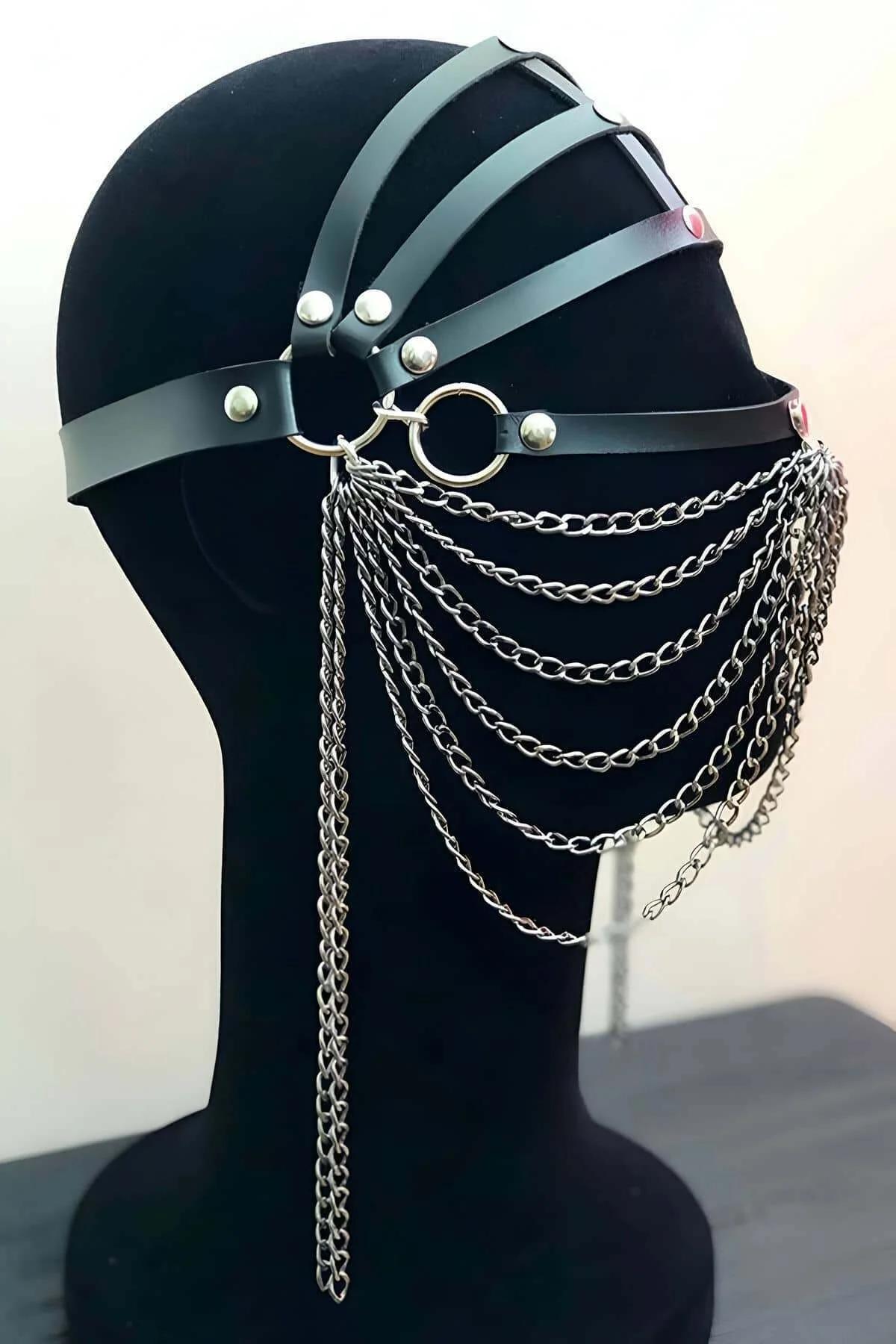 ខ្សែរុំមុខស្បែក PU តុបតែងស្បៃច្រវាក់ធ្លាក់សិចស៊ី