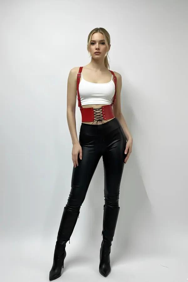 ខ្សែក្រវ៉ាត់ Corset ក្រហម ម៉ូតខ្សែស្មា ជួយចង្កេះតូចស្រឡូន