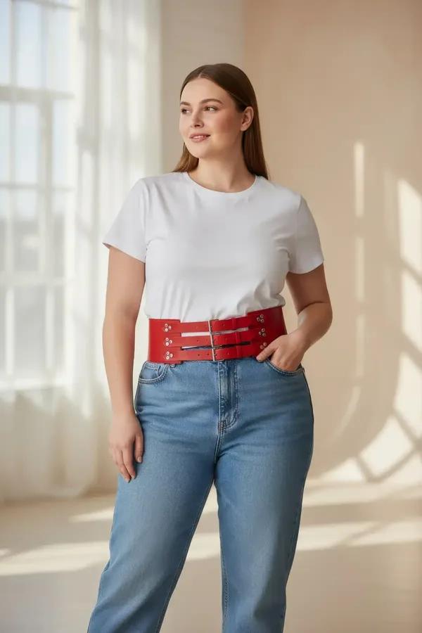 ខ្សែក្រវ៉ាត់ corset ស្បែក សិប្បនិម្មិត ពណ៌ ក្រហម ទទឹង ១២ សង់ទីម៉ែត្រ តុបតែង ខ្សែ រឹត ៣ ជាន់ និង ឡេវ ដែក ពណ៌ ប្រាក់