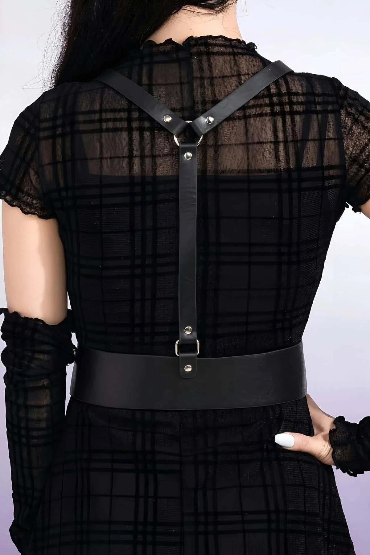 Festival Harness Outfit Black Flat Lay with Mesh Top and Adjustable Back Straps