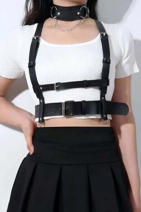 Black Faux Leather Underbust Harness Women Adjustable Shoulder Straps Detachable O-Ring Chain