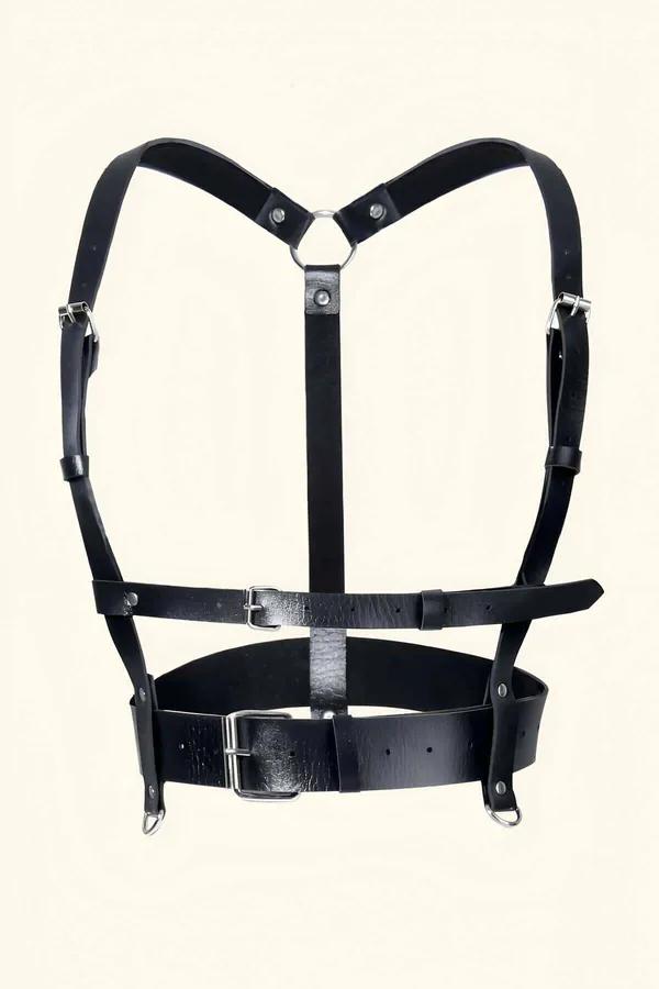 Black Faux Leather Underbust Harness Women Adjustable Shoulder Straps Detachable O-Ring Chain