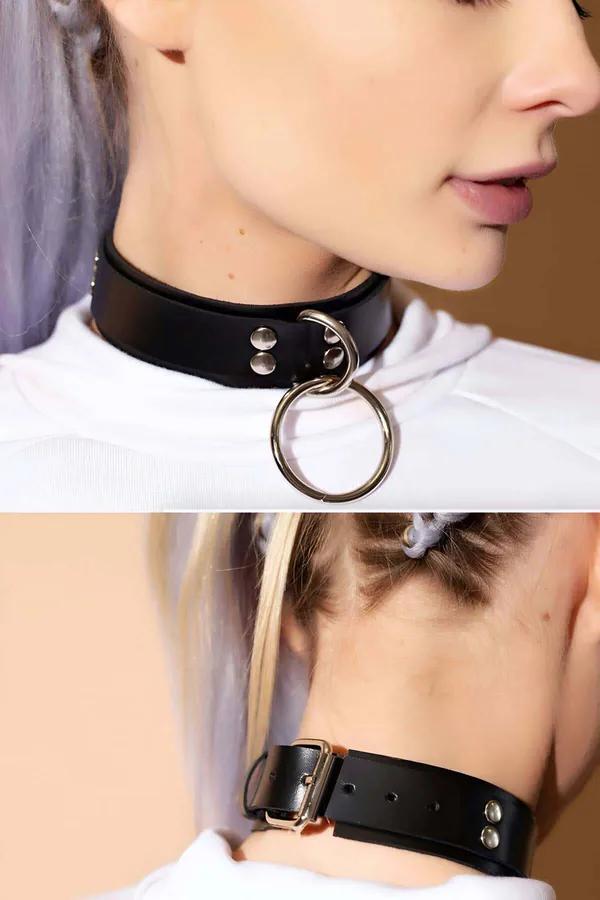 ខ្សែក Choker ស្បែកសិប្បនិម្មិតមានដាំដុំដែកនិង O-Ring