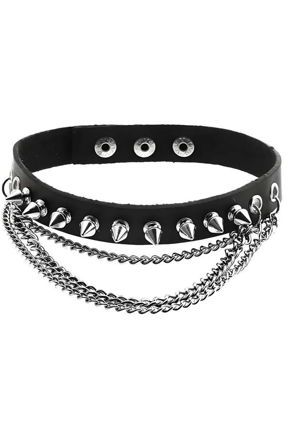 ខ្សែក Choker ស្បែកសិប្បនិម្មិតមានបន្លាដែកនិងច្រវាក់ជាន់ៗ