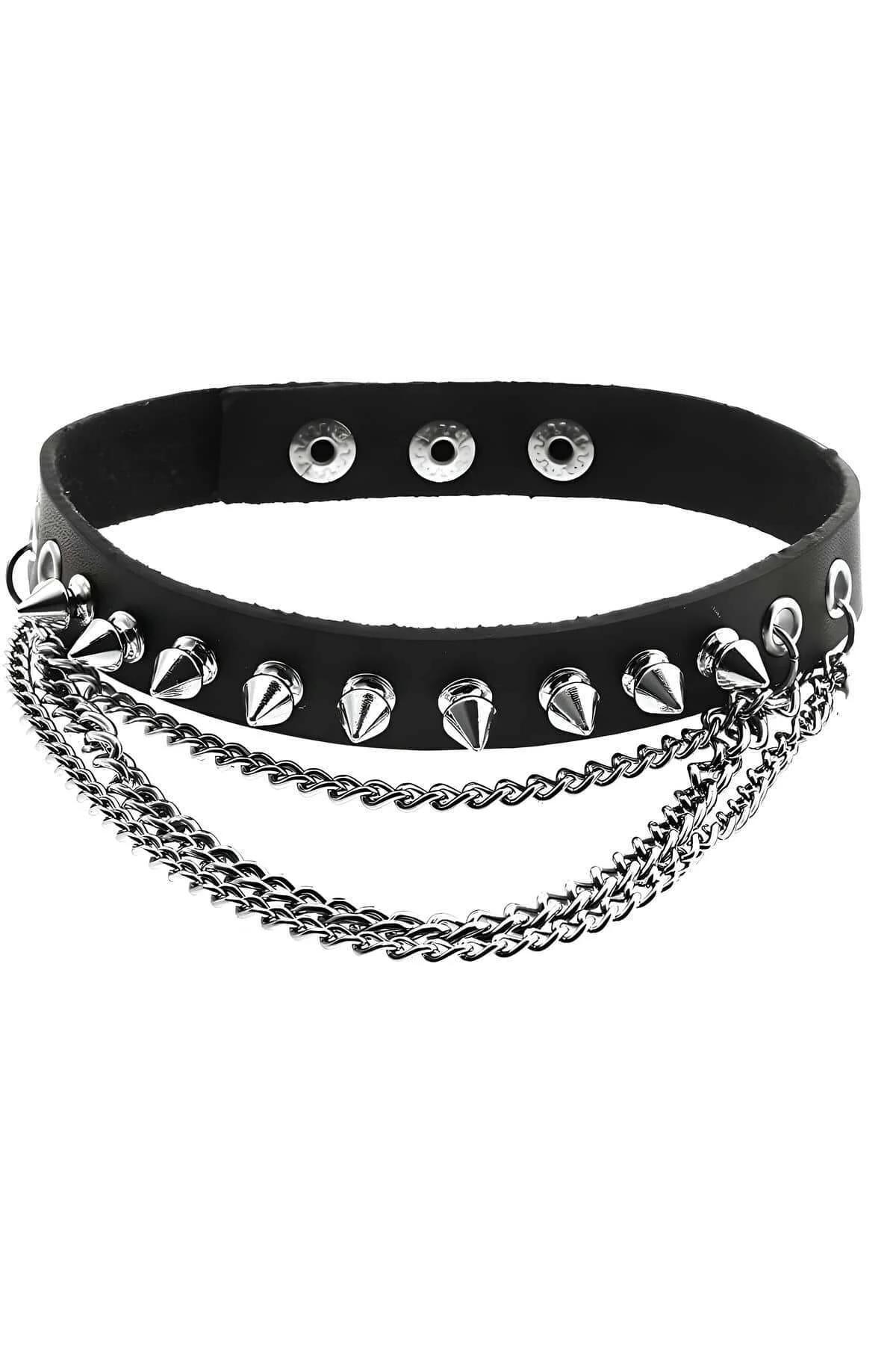 ខ្សែក Choker ស្បែកសិប្បនិម្មិតមានបន្លាដែកនិងច្រវាក់ជាន់ៗ