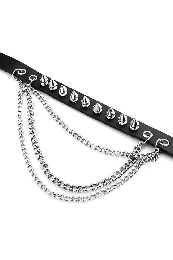 ខ្សែក Choker ស្បែកសិប្បនិម្មិតមានបន្លាដែកនិងច្រវាក់ជាន់ៗ