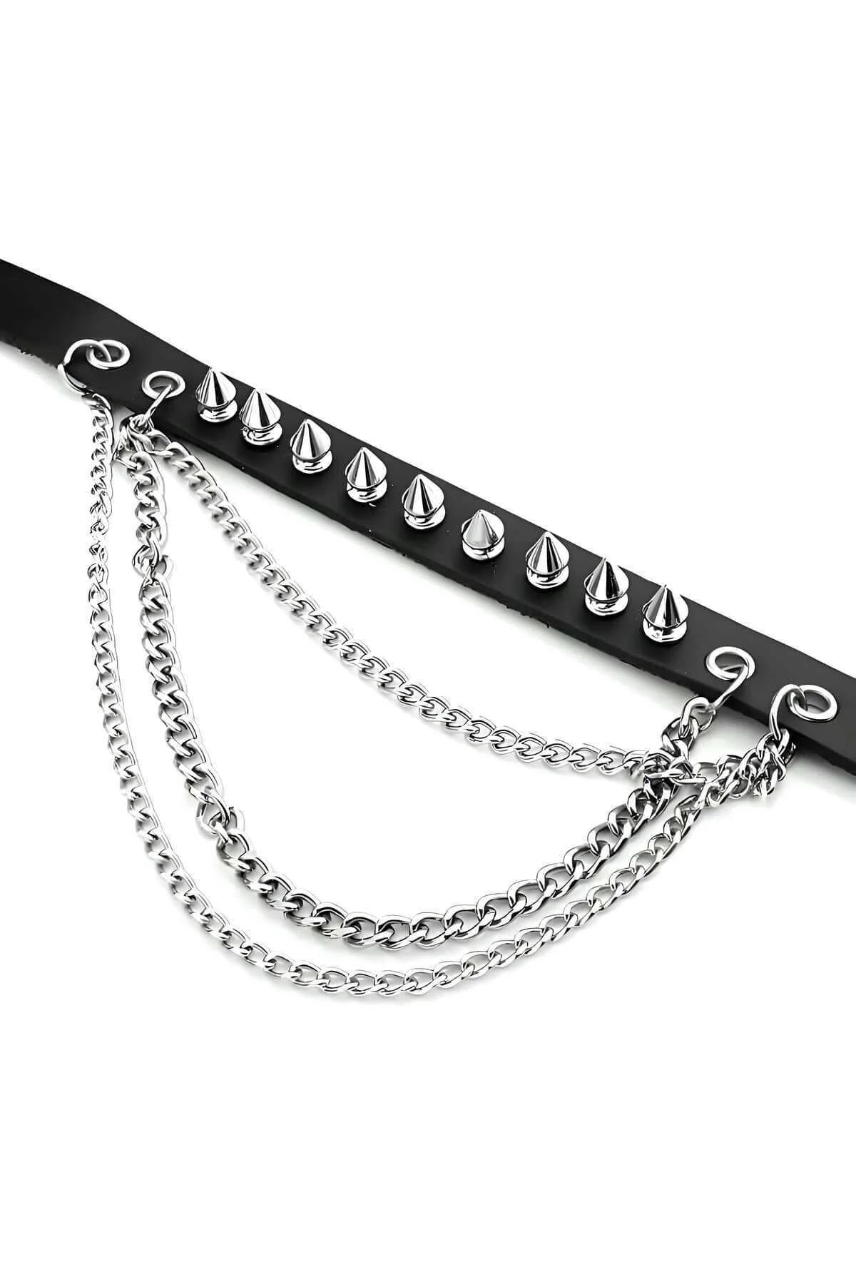 ខ្សែក Choker ស្បែកសិប្បនិម្មិតមានបន្លាដែកនិងច្រវាក់ជាន់ៗ