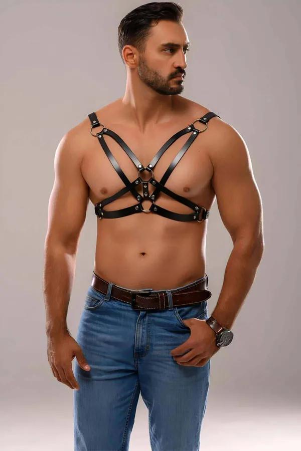 Black Faux Leather Men's Chest Harness with Central O-Ring Adjustable Straps