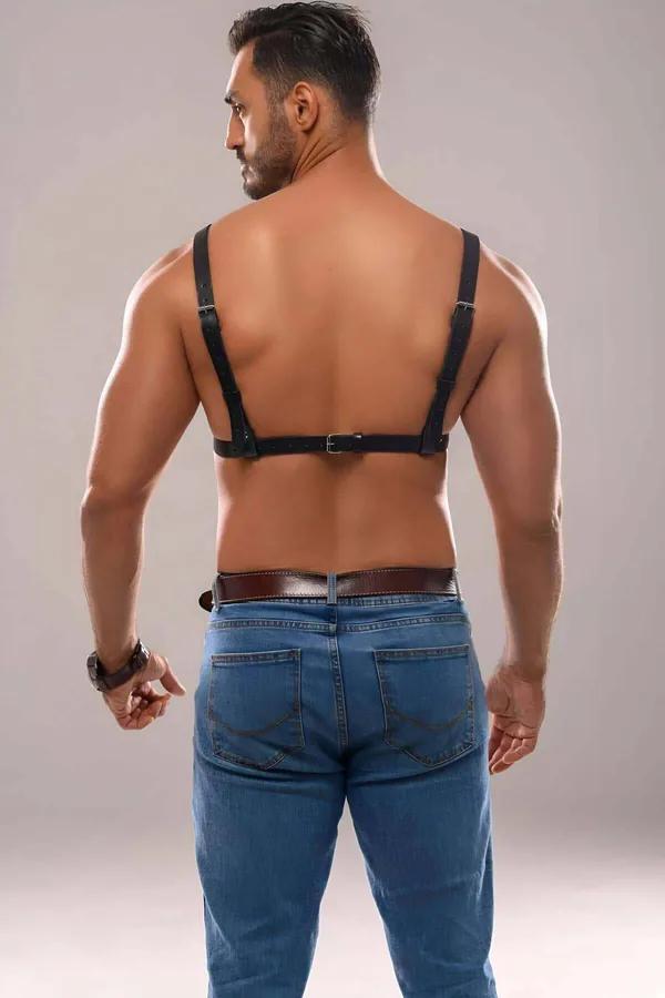 Black Faux Leather Men's Chest Harness with Central O-Ring Adjustable Straps