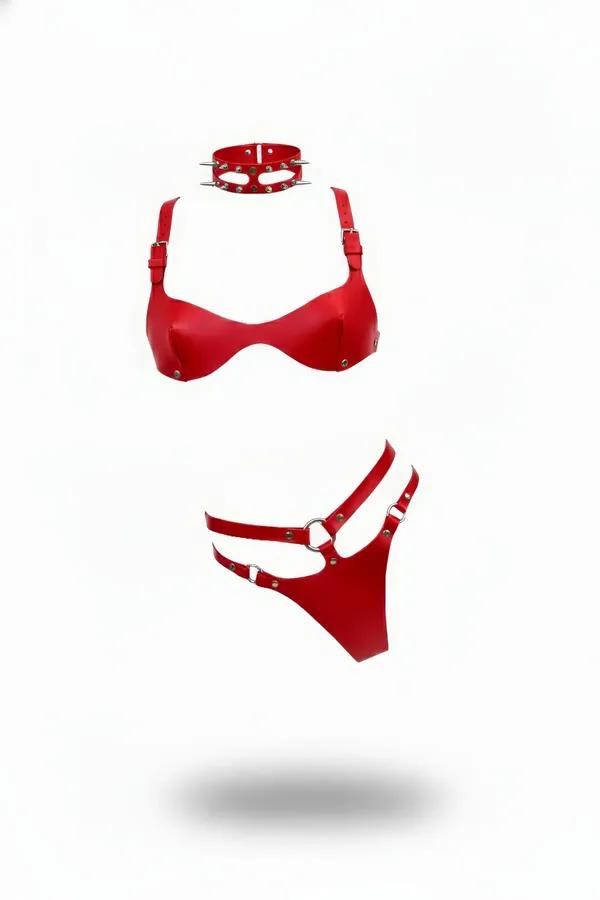 T-Shape Red Faux Leather Body Harness Set