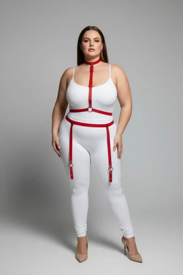 T-Shape Red Faux Leather Body Harness with O-Ring Straps