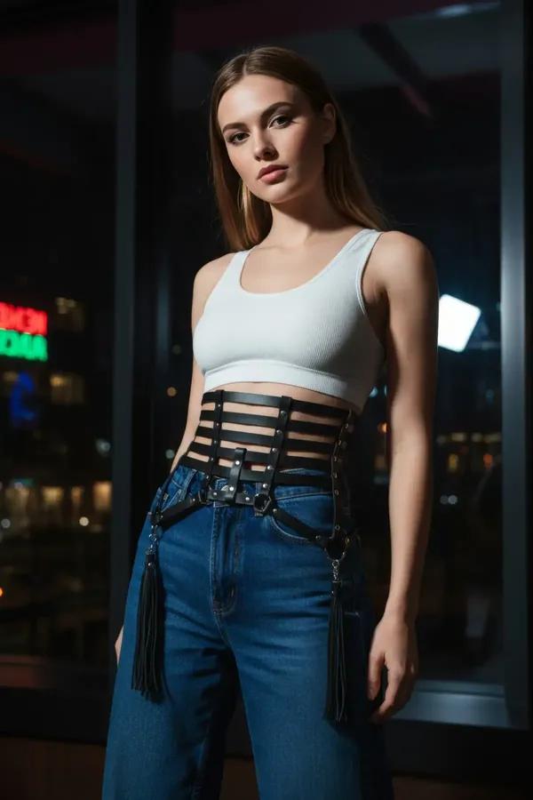 ខ្សែក្រវ៉ាត់ Corset ខ្មៅ ម៉ូដទាន់សម័យ បង្ហាញរាងស្អាត