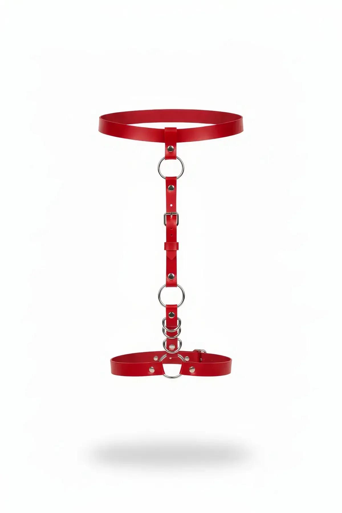 T-Shape Red Faux Leather Body Harness with Double O-Ring