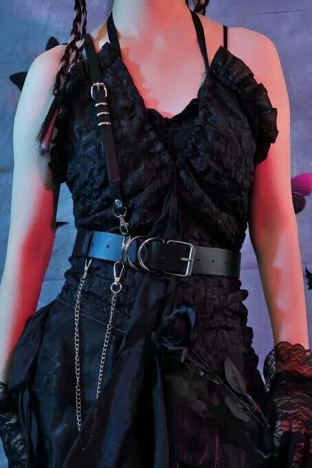 Black Faux Leather Single-Shoulder Harness with Silver Chain Belt Women Asymmetrical Strap Design